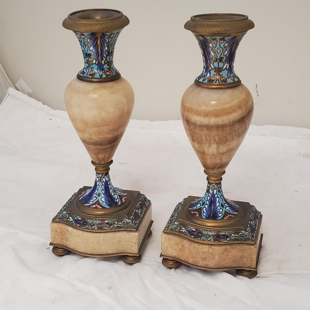 Antique French Champleve Enamel Brass Candle Holders Pair Ornate 6 1/8" Tall