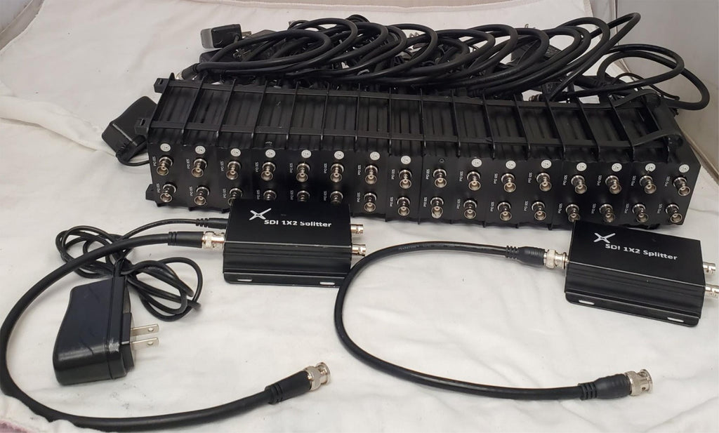 Large Lot of SDI 1x2 Splitter Boxes and Cables