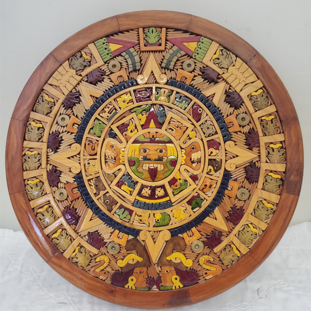 Beautiful Aztec Mayan Calendar Hand Carved Wooden Art