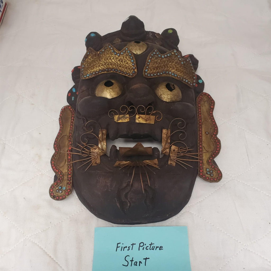 Tibetan Mahakala Mask Hand Carved Wood Protective Deity Wall Hanging