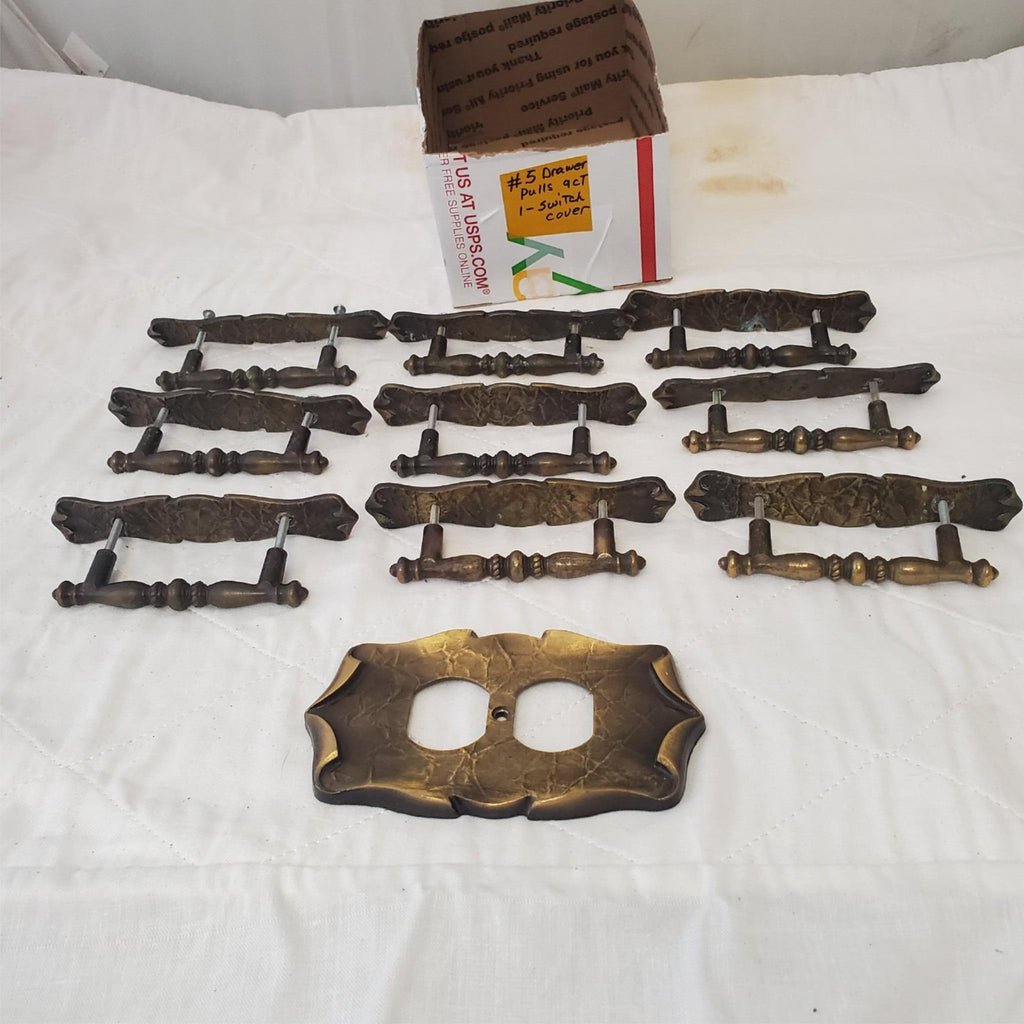 Lot of 9 Vintage Bronze Door Cabinet Drawer Handle Pulls & Switch Cover #5