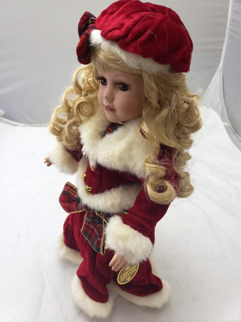 Vintage Original Christmas Blessings Porcelain Praying Doll Red Dress Hat
