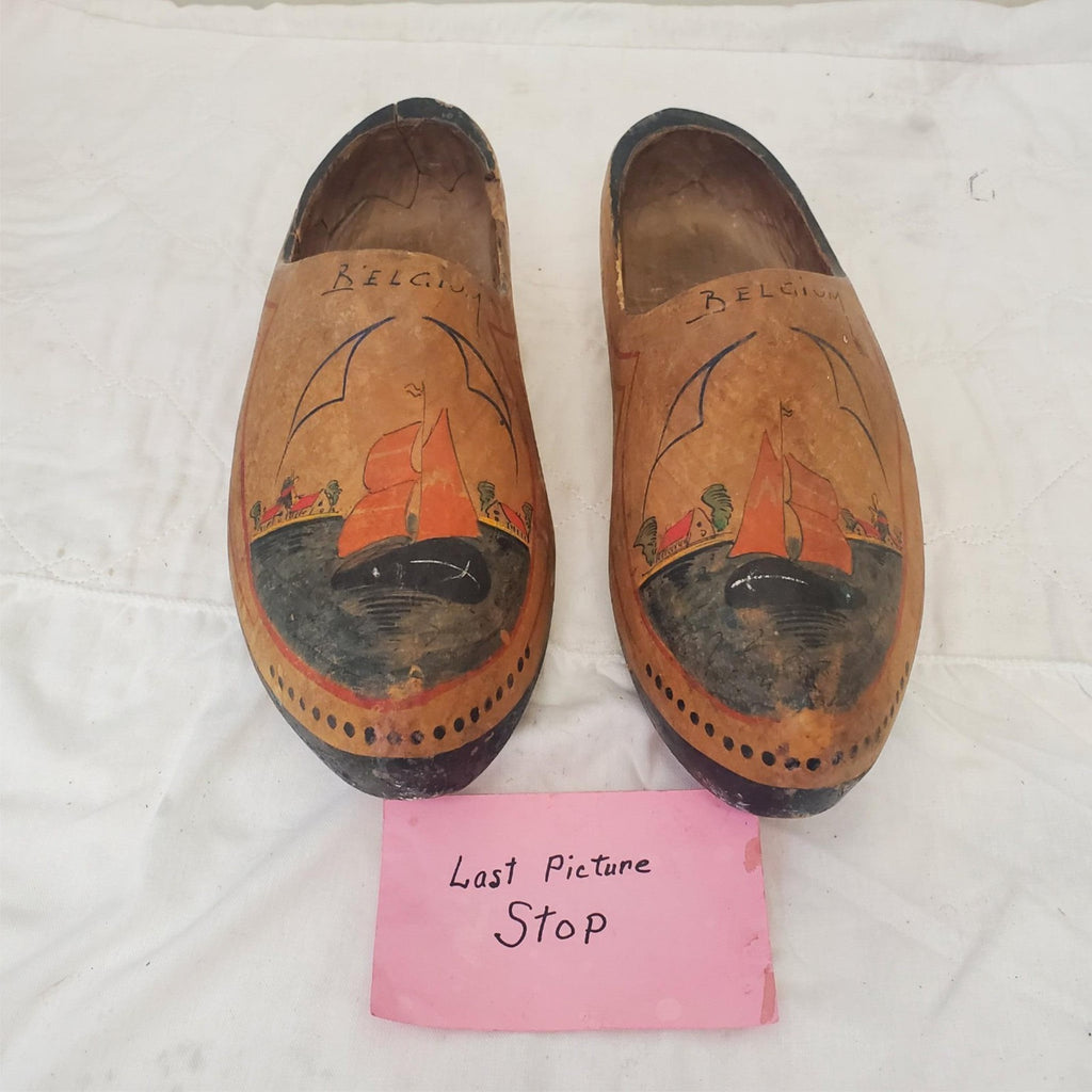 2 Antique Hand Painted Wooden Clogs Shoes Souvenir Antwerp Primitive Rustic 