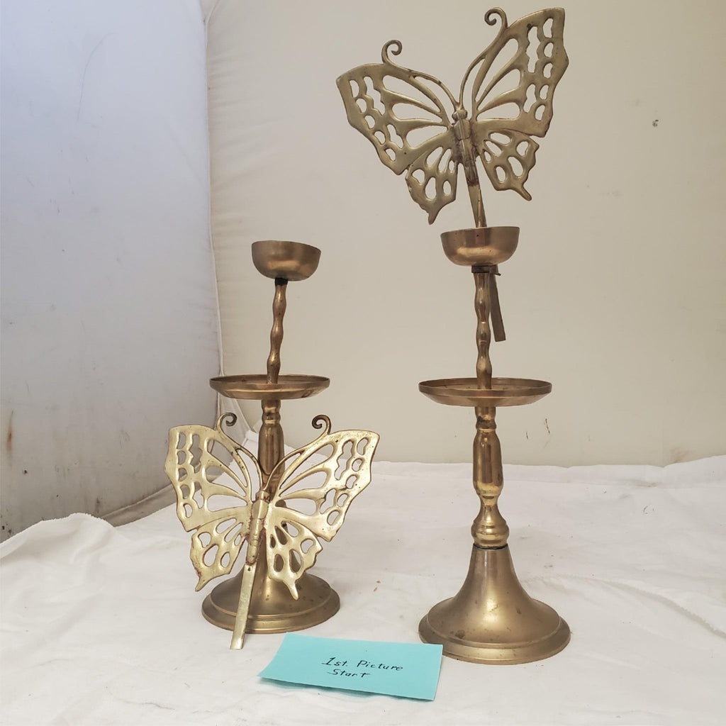 Vintage Asian Brass Candlestick Holder With Butterfly Screen Reflector 21” Tall