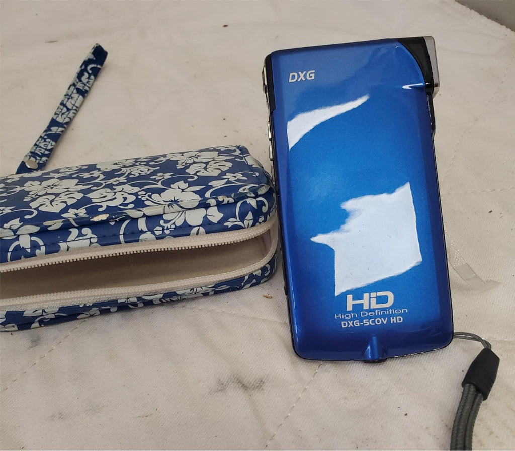 DXG 5-COV HD 5MP Pocket Camcorder in Hibiscus Blue Print with Bag