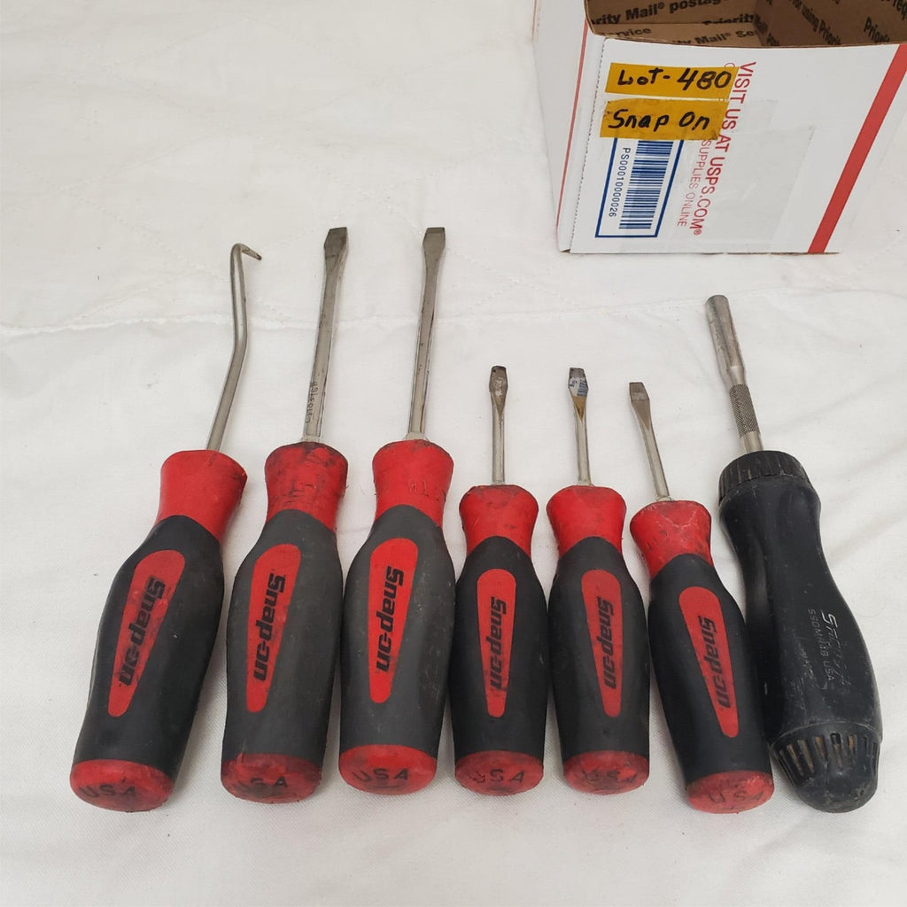 Lot of 7 Snap on Flathead Ratcheting & Hose Pick SoftGrip Screwdrivers LOT-480