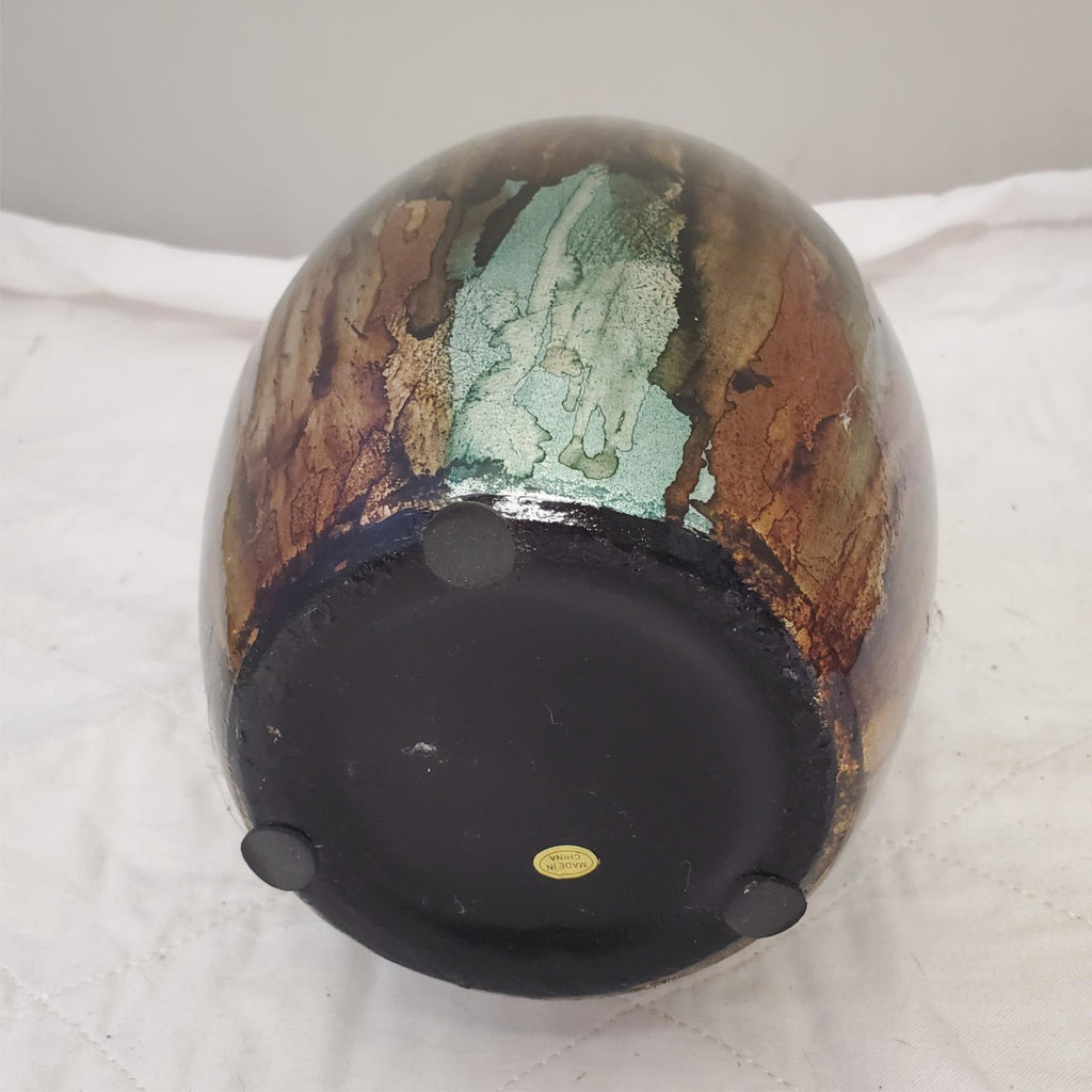 13" Turquoise Foiled & Lacquered Ceramic Vase Copper & Bronze