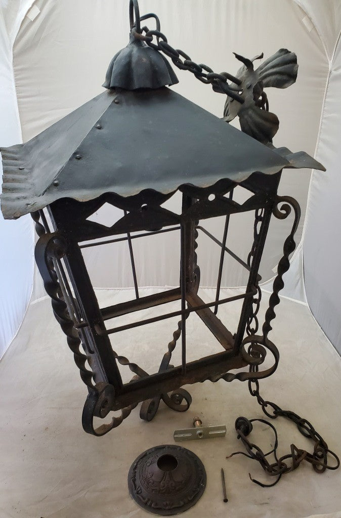 Large Vintage Decorative Glass and Black Metal Candle Ceiling Lantern Chandelier