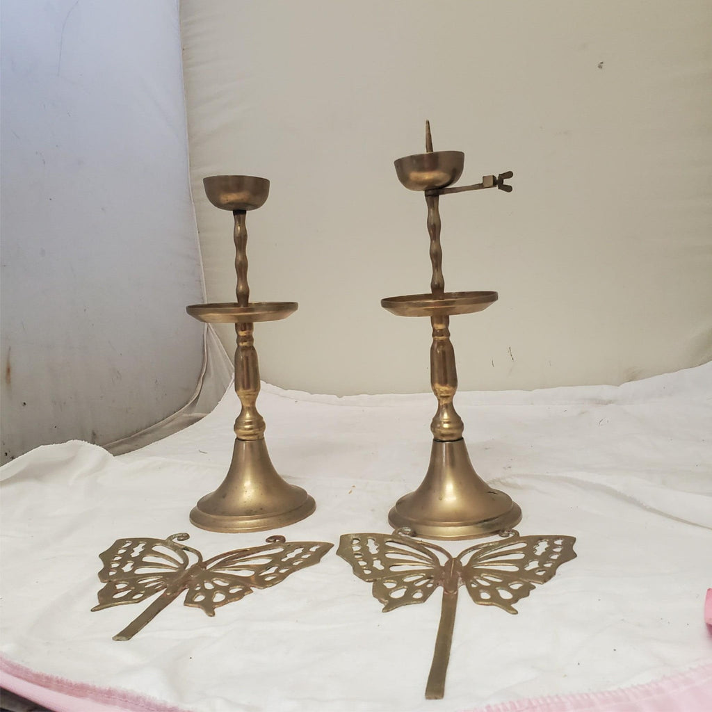 Vintage Asian Brass Candlestick Holder With Butterfly Screen Reflector 21” Tall