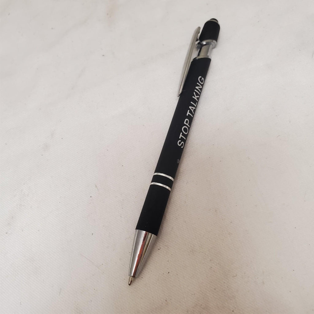 Black Misprint Metal Retractable Soft Touch Stylus Pen with Stop Talking Print