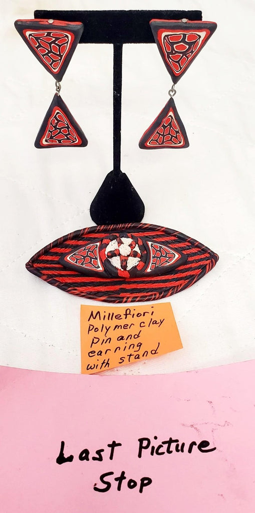 Millefiori Polymer Clay Pin and Earrings with Stand