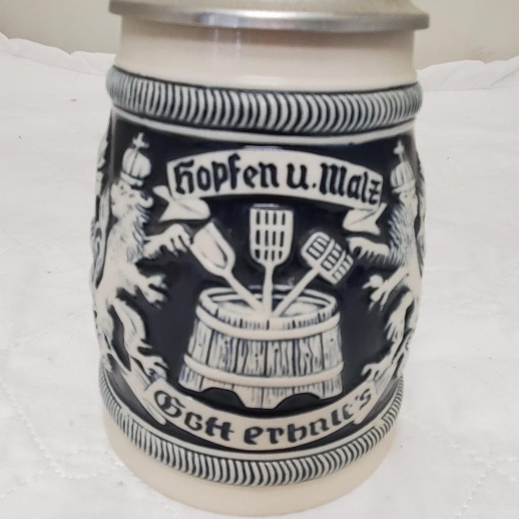 Handcrafted German Hopfen Und Malz Traditional Ceramic Beer Stein with Lid