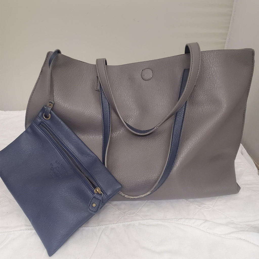 G.H. BASS & CO. Gool Grey & Navy Blue Large Tote Bag with Attached Inside Zipper