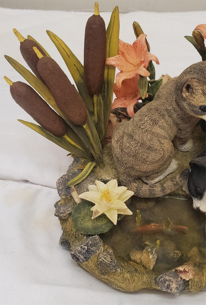 Lenox 2001 Afternoon Amazement Resin Cat Figurine Black & Gray Cats by Fish Pond