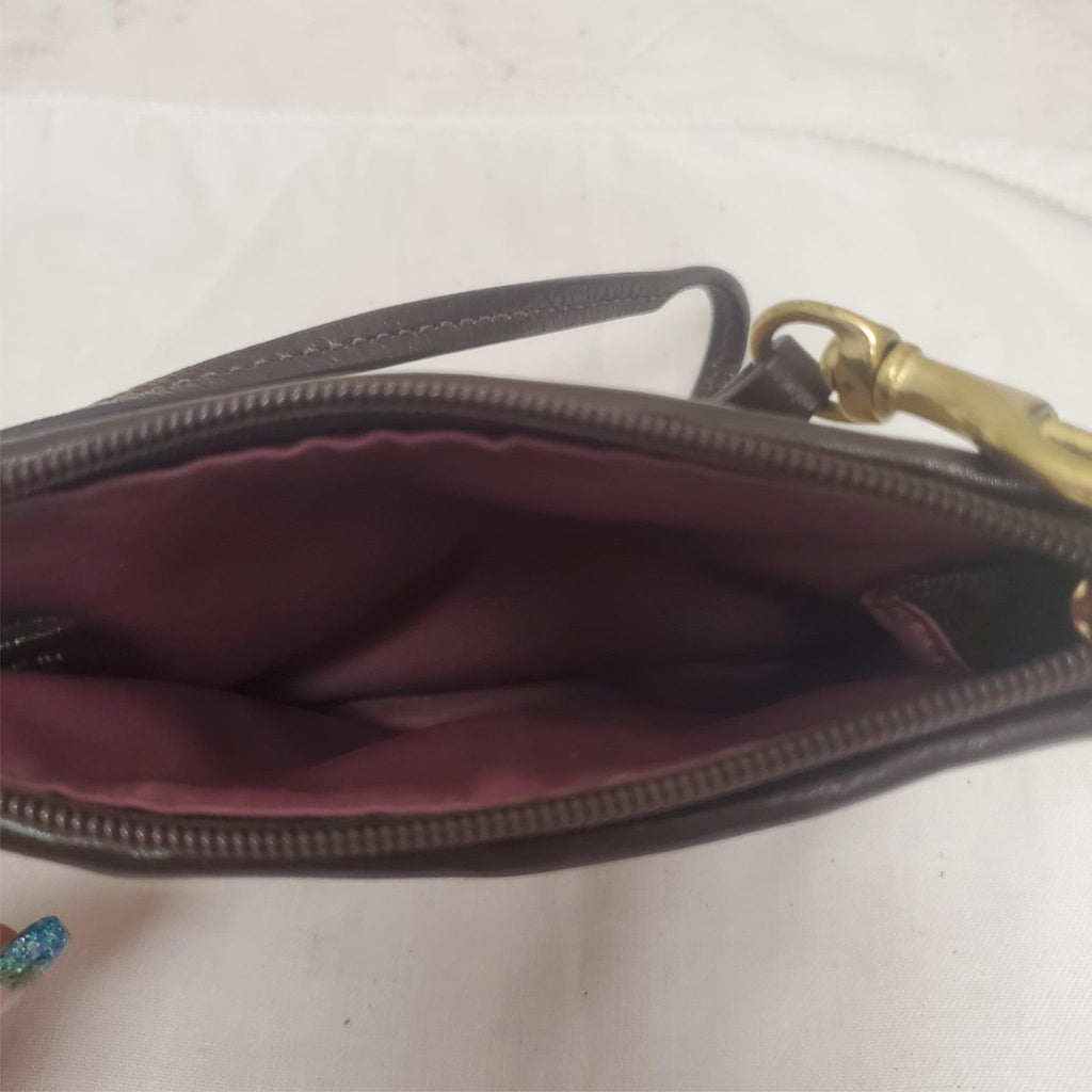 Vintage COACH Wristlet Khaki Brown Purse Leather Trim - Coach ID tag