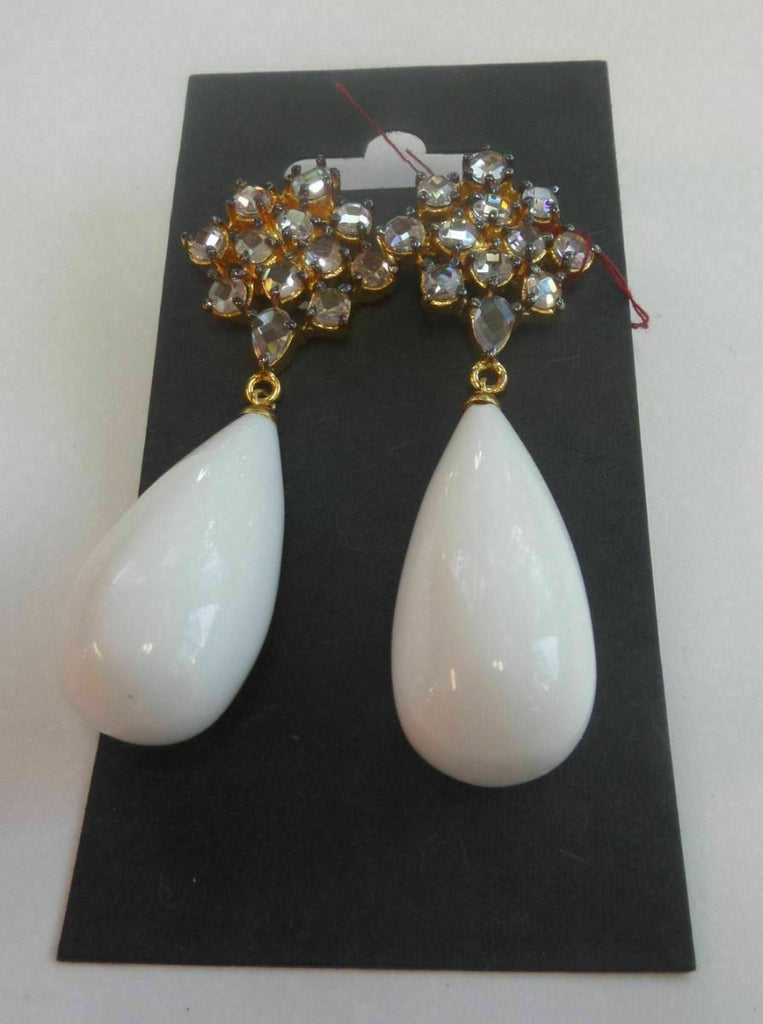 Solid White & Smoky Sparkle Gem Teardrop Gold Tone Earrings