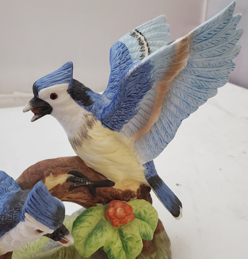 Wellington Collection Porcelain Bisque Pair of Blue Jays Figurine 7" X 8"