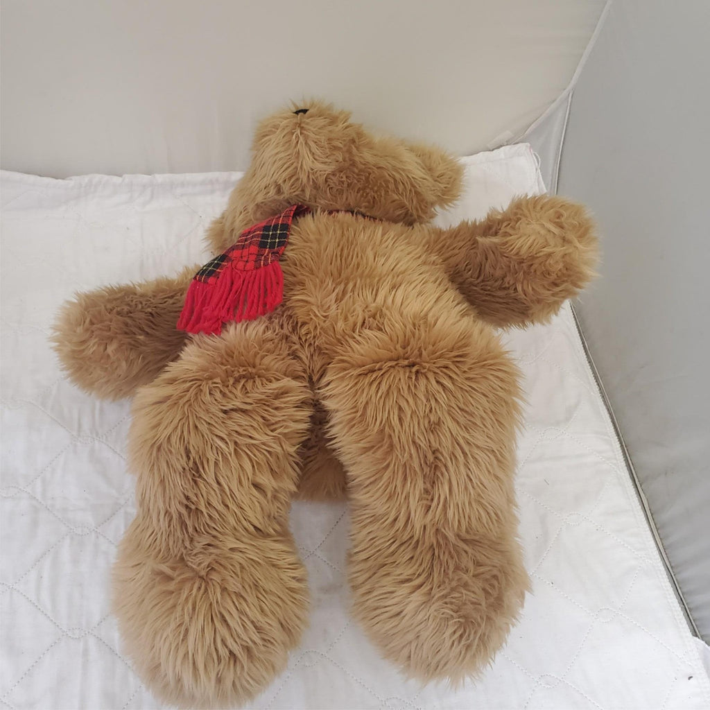 Medium Size Teddy Bear with Red Checked Bow Plush Stuffed Toy