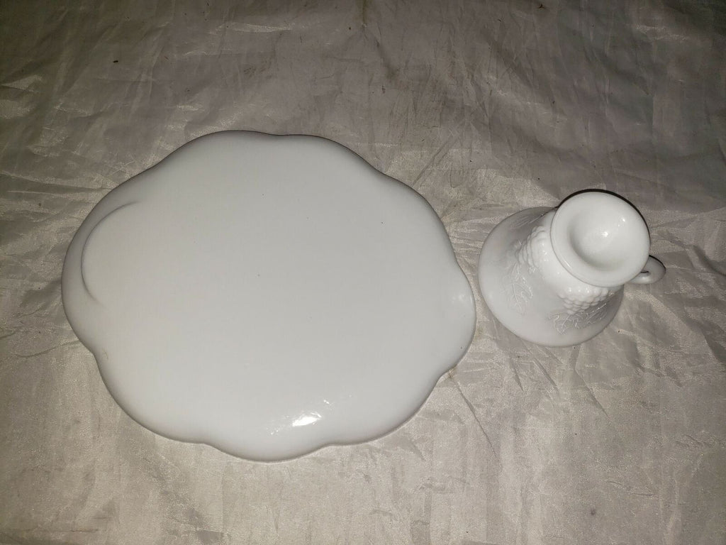 White Milk Glass Snack Luncheon Plate and Cup With Grape Pattern