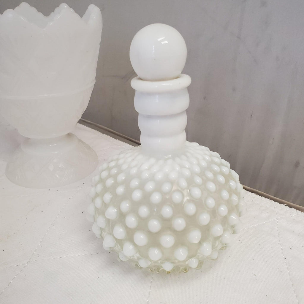Vintage Fenton White Glass Hobnail Perfume Bottles with Sealing Caps