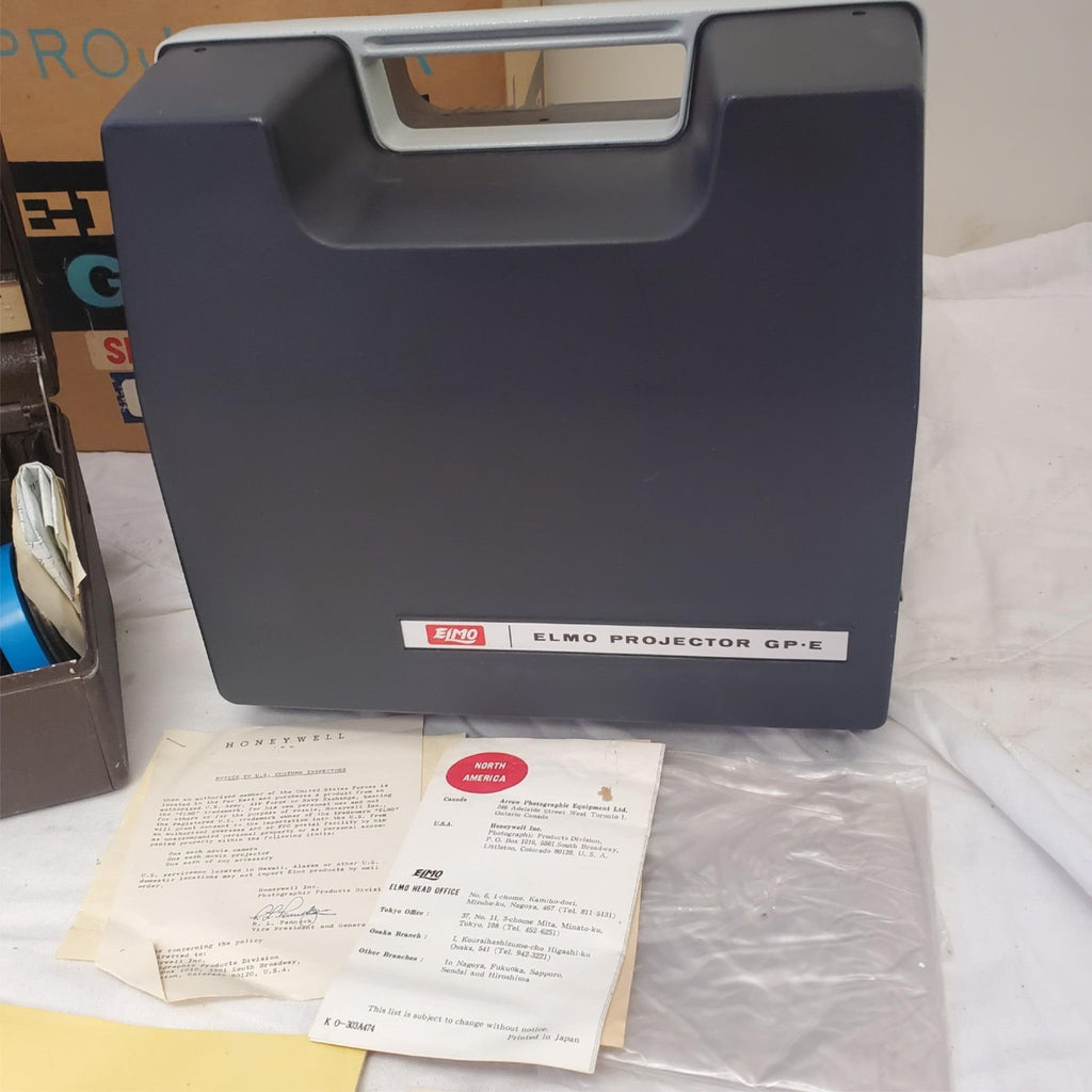 8mm Projector ELMO GP-E Slow Motion Zoom & Film Reel Storage Box
