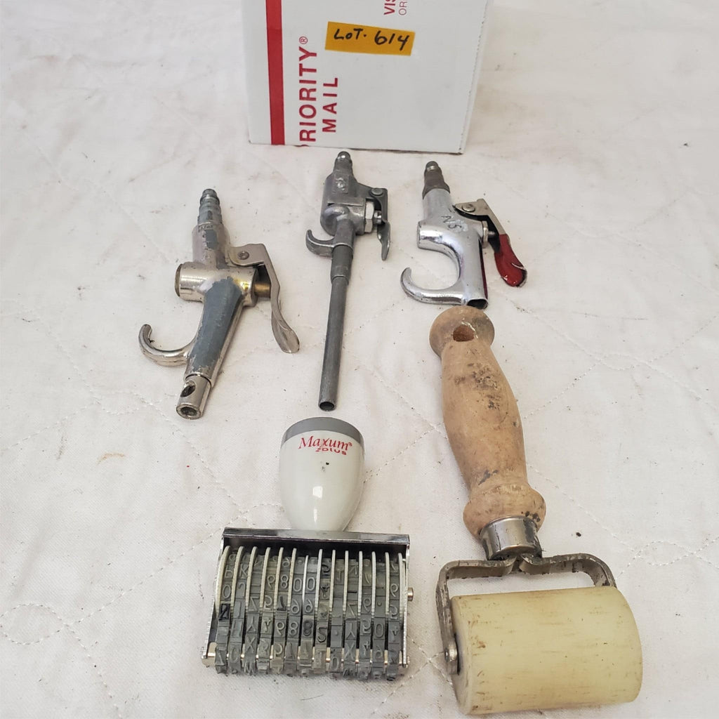 Lot of Pistol Grip Air Gun, Nylon Sealant Roller & Vintage Numbering Stamp 