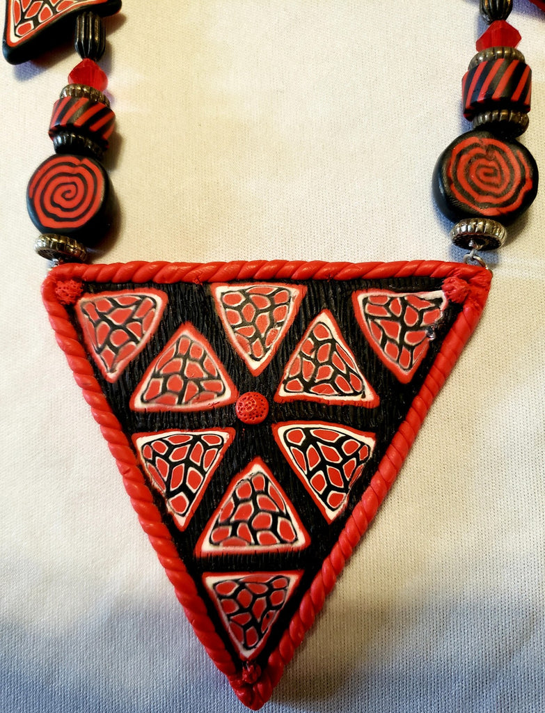 Used Handmade Polymer Clay Millefiori Red Triangle Design Necklace