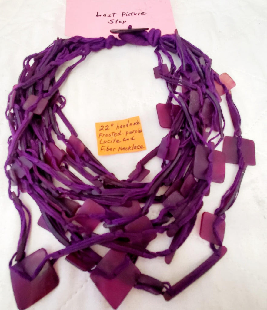 22" Hand Made Frosted Purple Lucite and Fiber Necklace