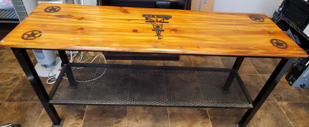 Oil Field Derrick Custom Made Wooden and Black Metal Long  Sofa Table 60 x 17 In