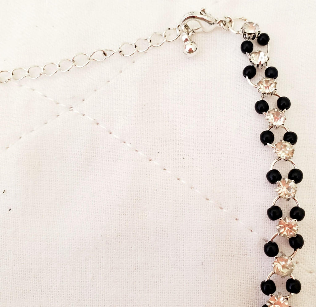 19" Black Beads and Rhinestone Link Chain Necklace