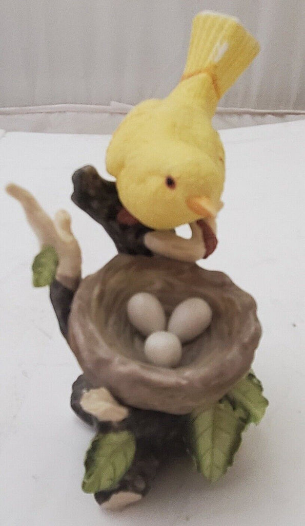 Ceramic Bird Figurine on Branch Tree Green Leaves Nest and Eggs White