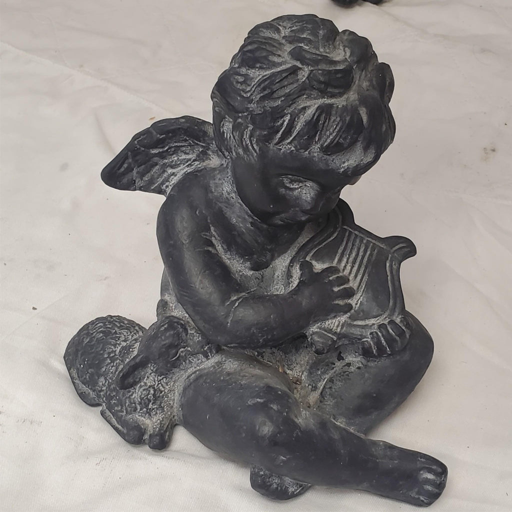 Pair of Black Angel Figurines Harp & Seated Cherub Statues