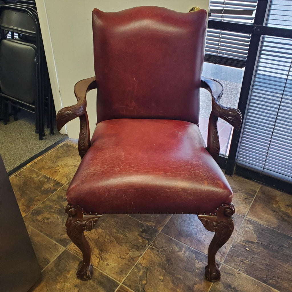 Vintage Antique Red Leather and Carved Owl Wood Armchair Law Office Chair