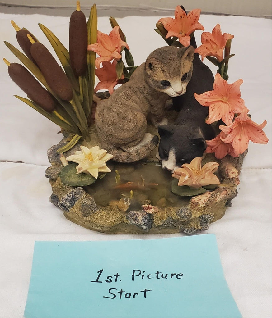 Lenox 2001 Afternoon Amazement Resin Cat Figurine Black & Gray Cats by Fish Pond