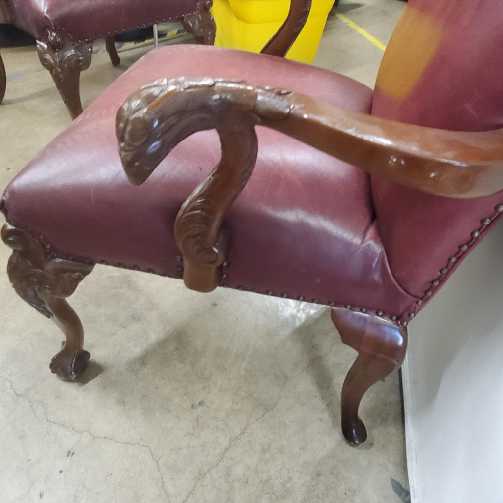 Antique Vintage Red Leather and Carved Owl Wood Armchair Law Office Chair