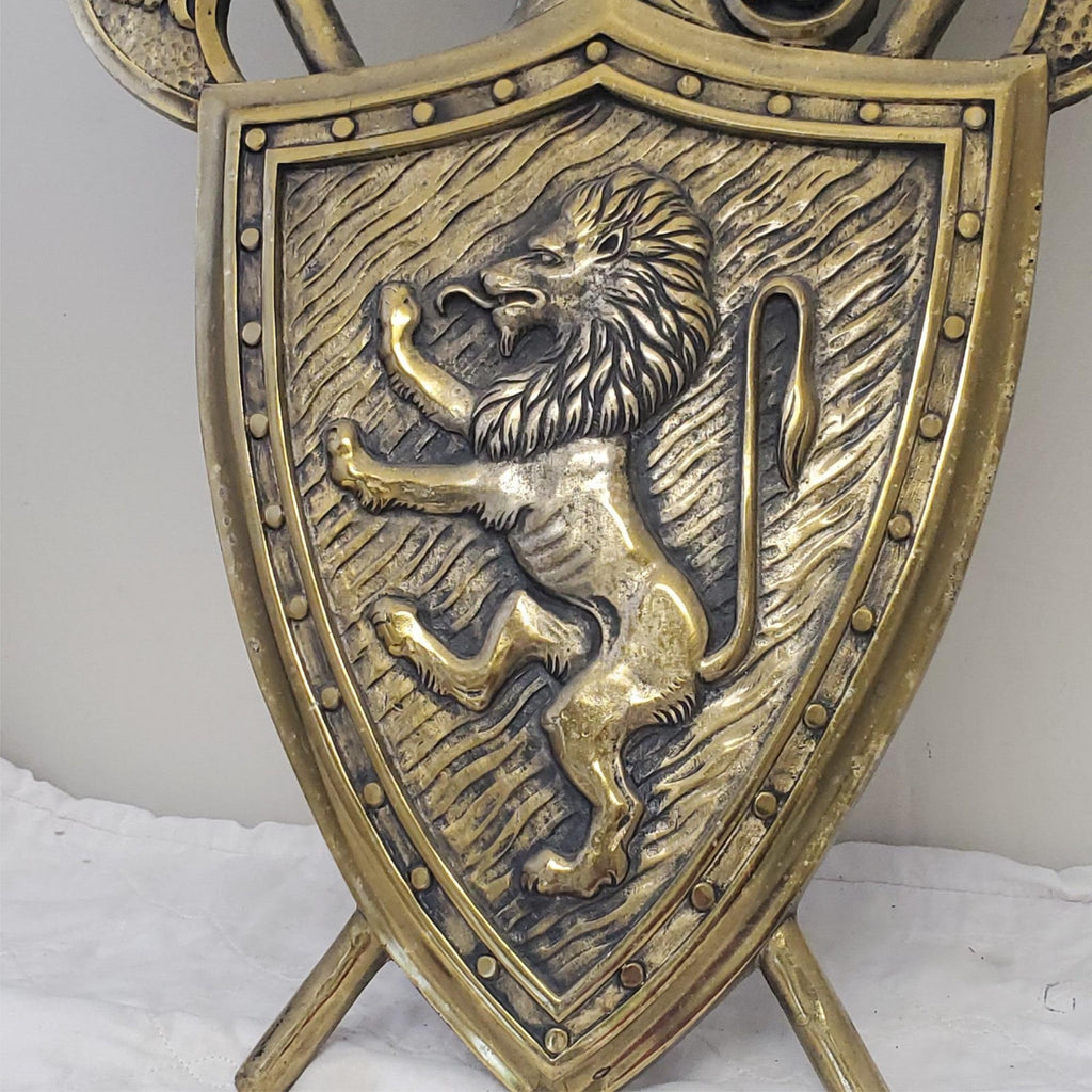 Vintage Brass Wall Plaque Knight Shield Coat of Arms Japan Lion & Battle Decor