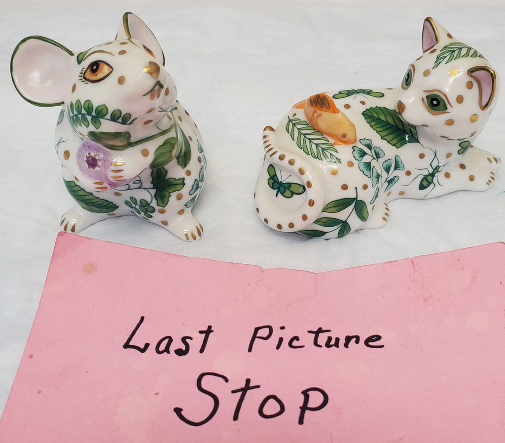 Vintage Lynn Chase Hollohaza Hungary Cat & Mouse Porcelain Figurines