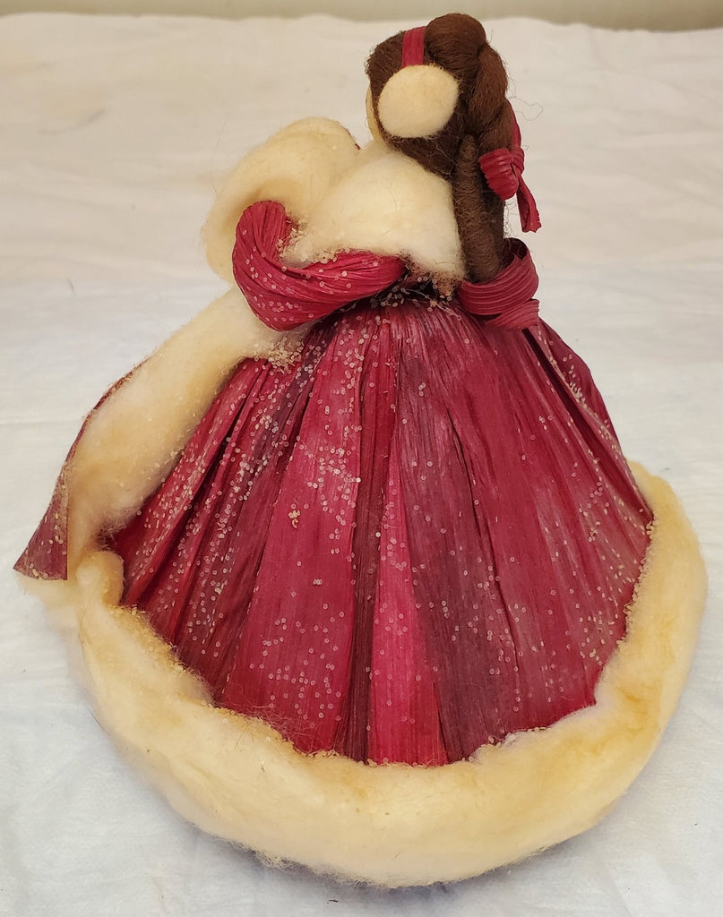 Vintage Handmade Red Velvet Doll w/ Lace & Fur Trim Coat Collector Figurine