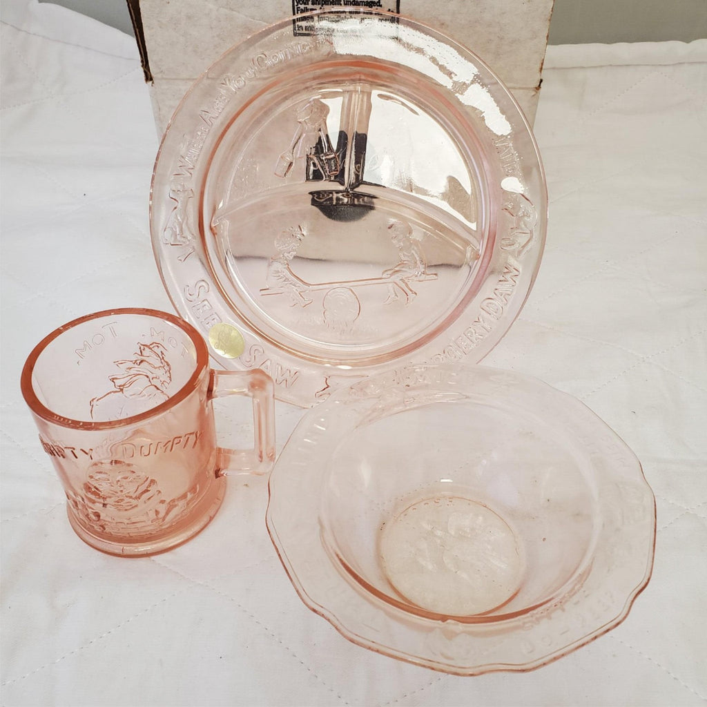 Tiara Exclusives Amber Glass Nursery Rhyme Humpty Dumpty Baby Plate Bowl Cup