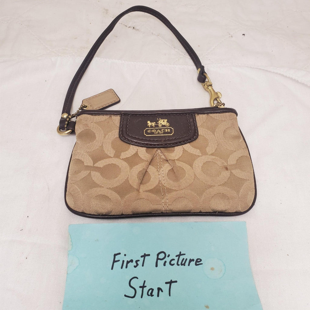 Vintage COACH Wristlet Khaki Brown Purse Leather Trim - Coach ID tag