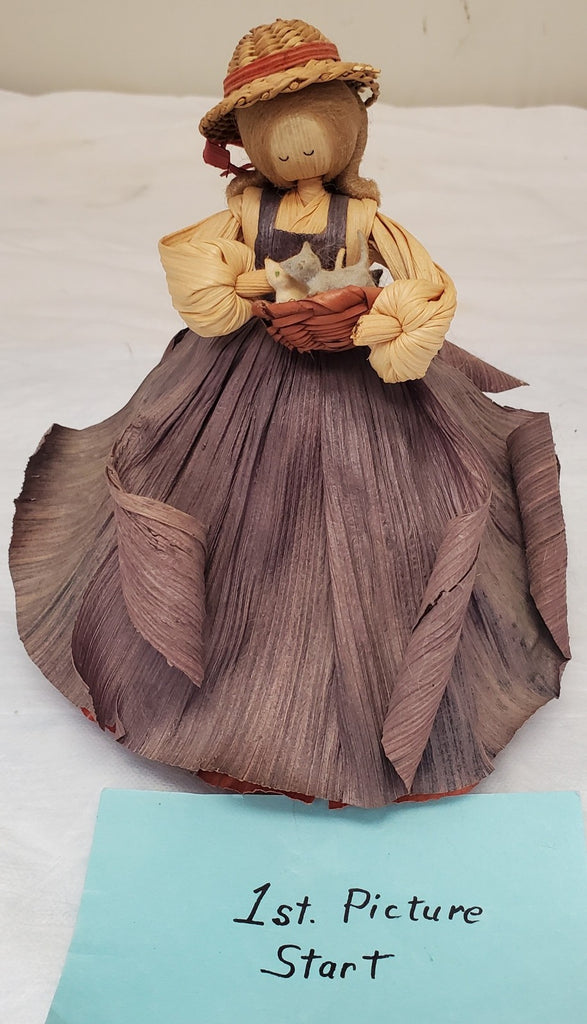 Vintage 1988 Nan’s Corn Husk Doll 7.5" Southern Belle Basket of Kittens Rare