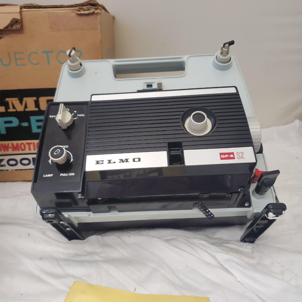 8mm Projector ELMO GP-E Slow Motion Zoom & Film Reel Storage Box
