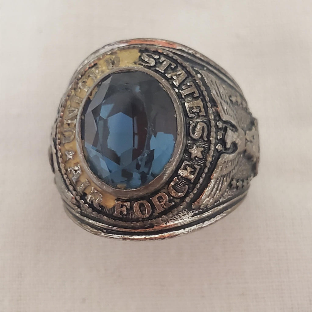 Sterling Silver Antique Art Deco Blue Glass US Air Force Ring