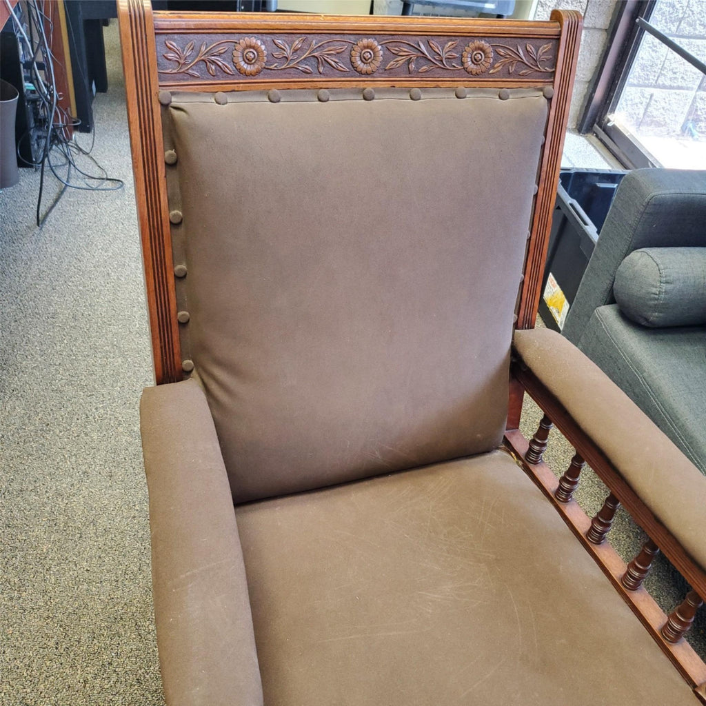 Vintage Antique Ornately Carved Wood Framed Fabric Victorian Throne Armchair