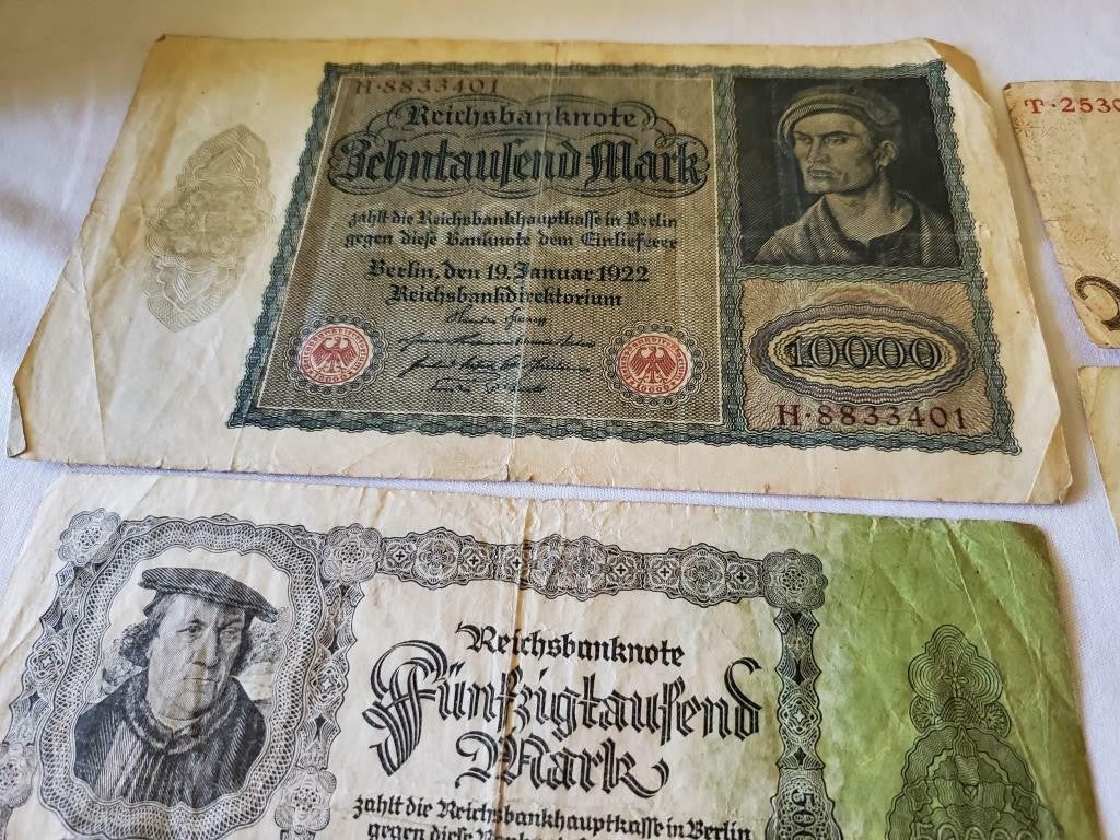 German Reichsbanknote 5000/100000/20000/1000 Mark Banknote and Lot German Stamps