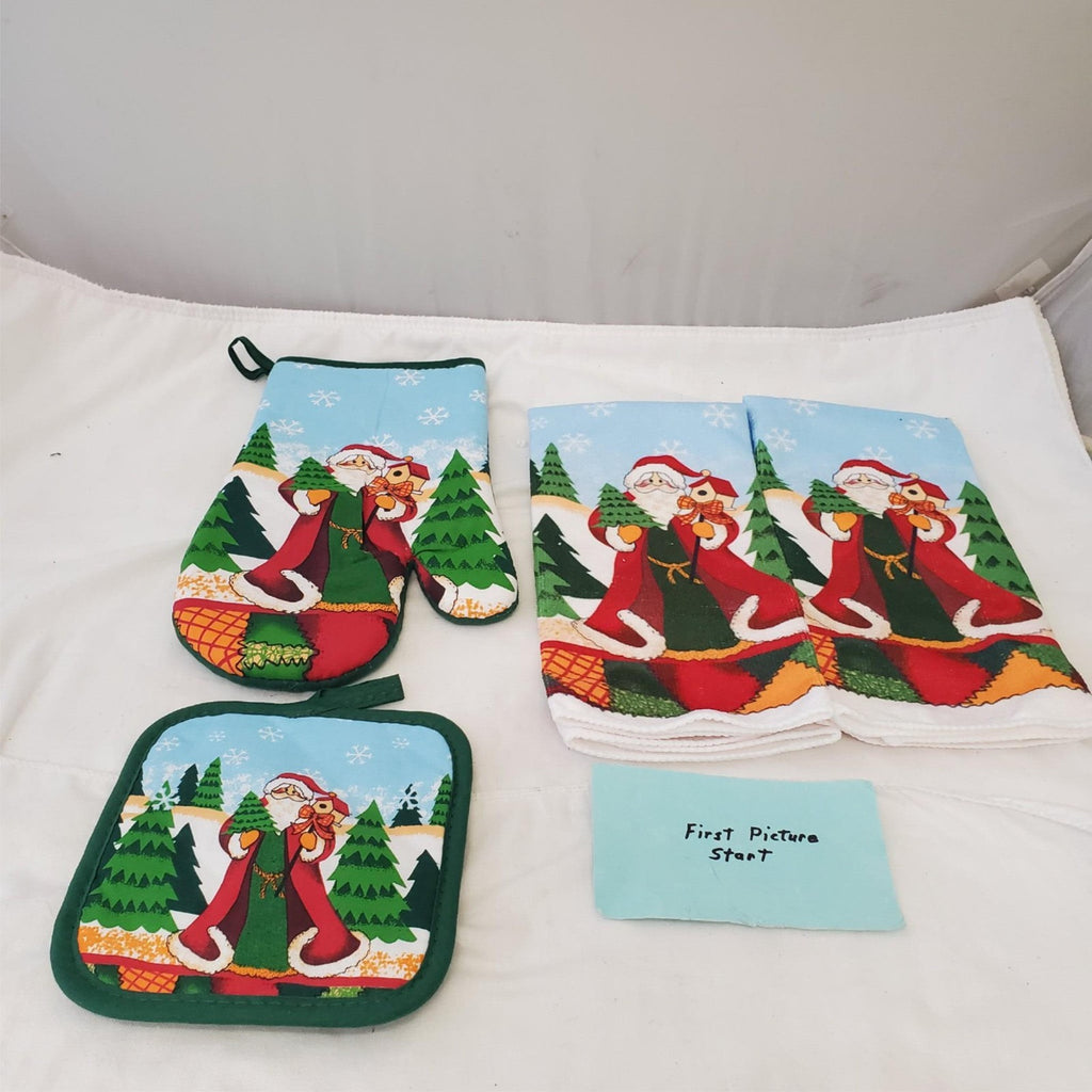 Set of 4 Christmas Santa Kitchen Towel, Oven Mitt & Pot Holder
