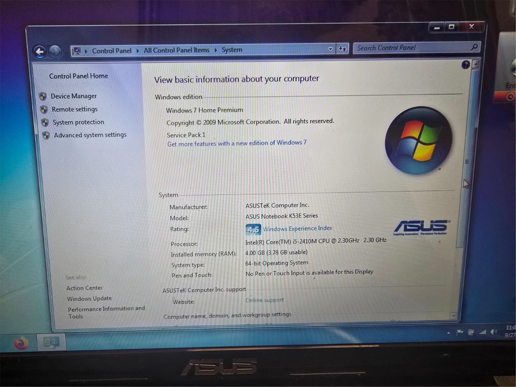 Asus Notebook K53E Series Intel Core i5-2410M 2.30GHz 4GB RAM Laptop