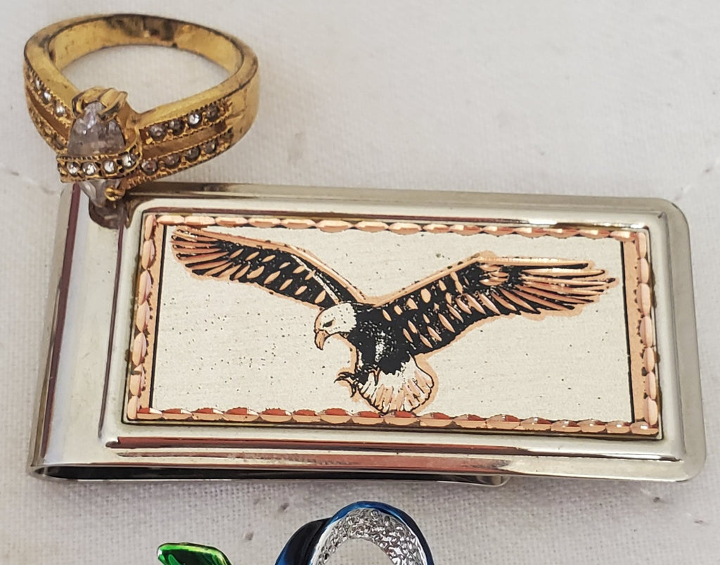Gold Tone Eagle Money Clip, Marquise Gold Tone Key Pendant & Silver Bells Brooch