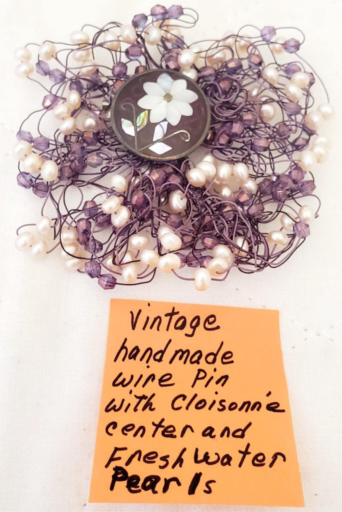 Vintage Hand Made Wire Pin with Cloisonne Center and Freshwater Pearls