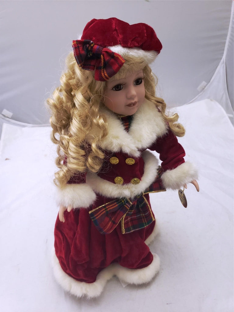 Vintage Original Christmas Blessings Porcelain Praying Doll Red Dress Hat